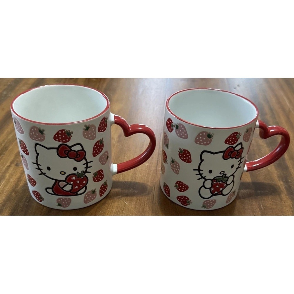 HELLO KITTY Sanrio BLUE SKY Strawberries Heart Handle Coffee Tea Mug Lot 2